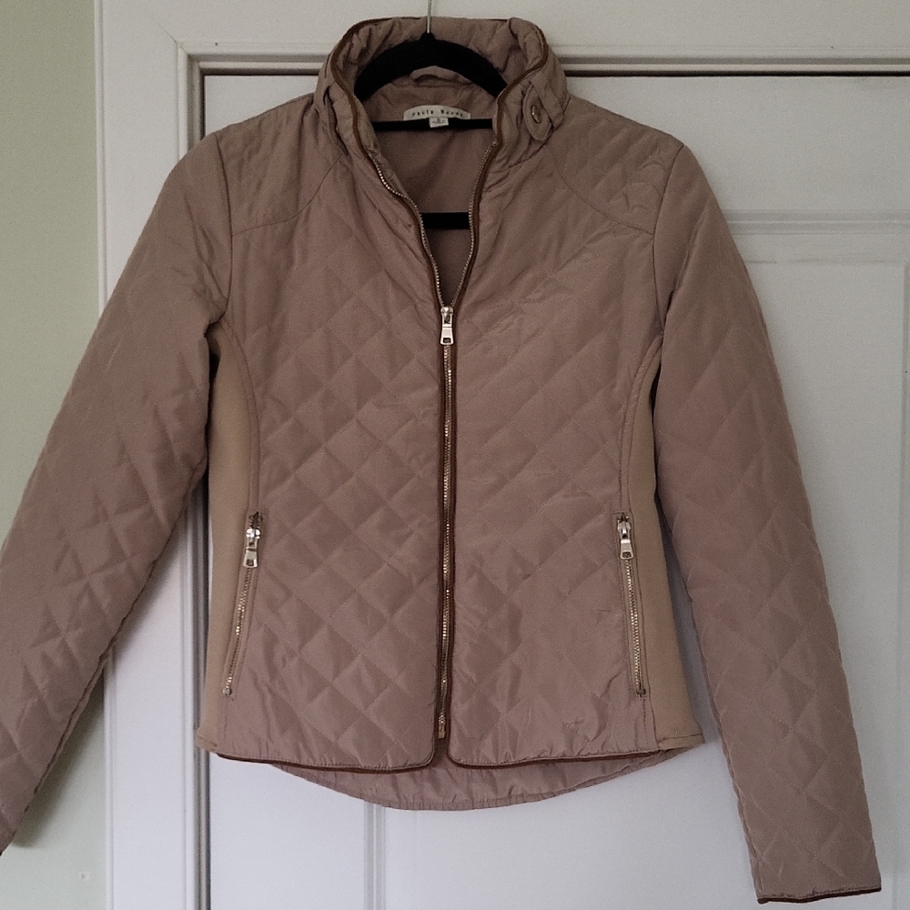 Haute Monde Quilted Taupe Puffer Jacket with Gold Zippers